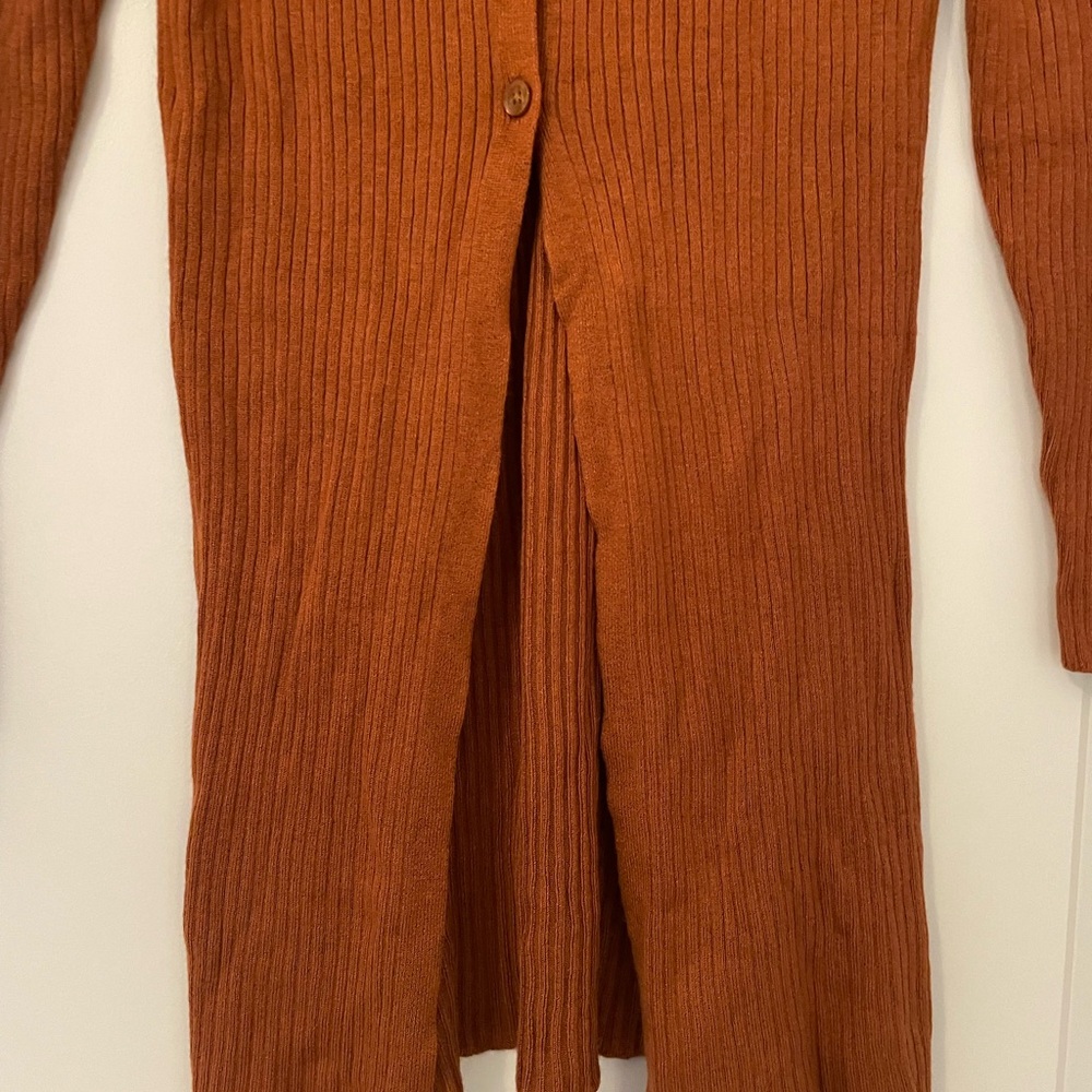 NWT Wild Fable Rust Ribbed Open Front Split Long Line Cardigan Sweater - Picture 3 of 7